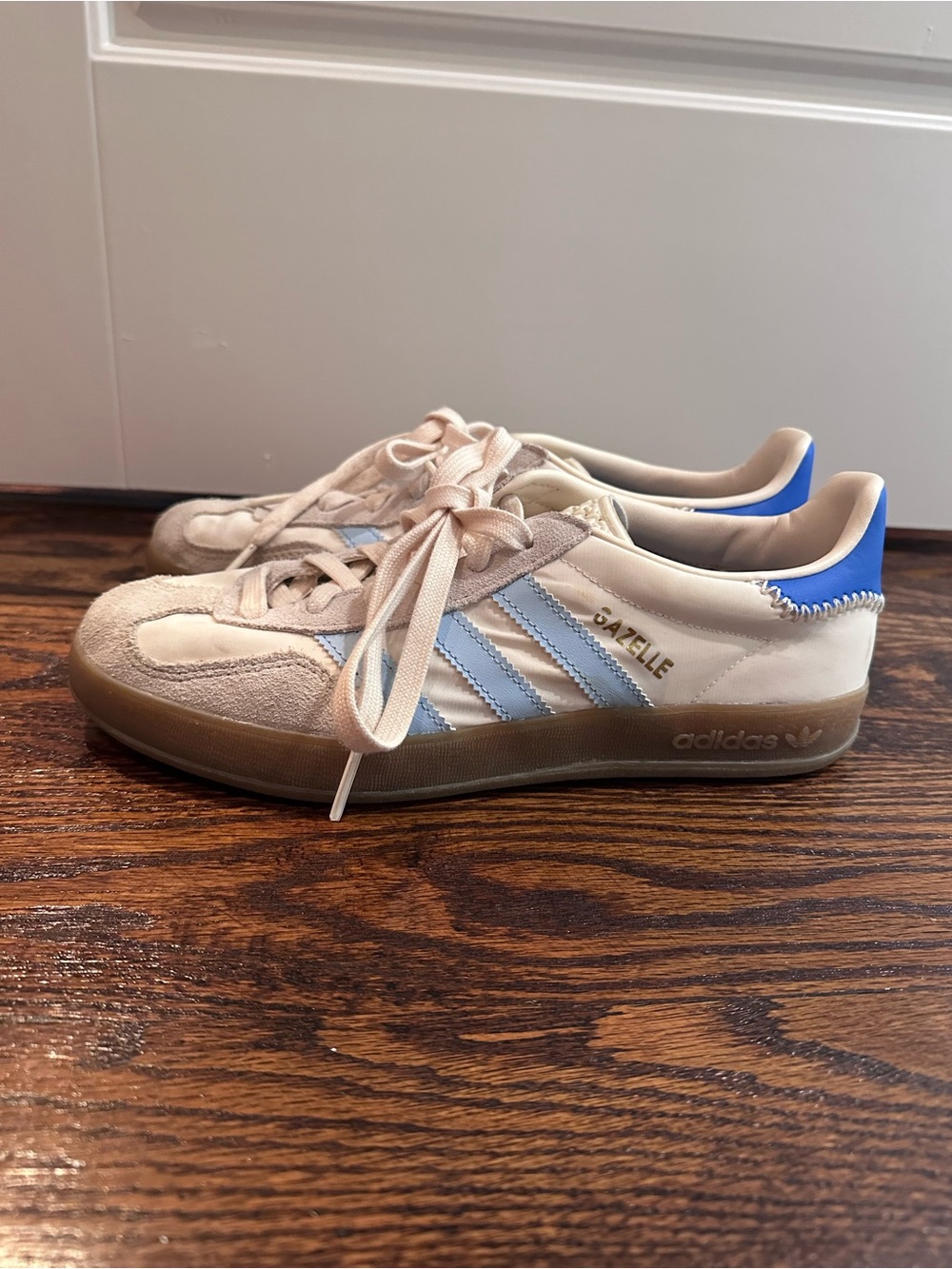 adidas Gazelle Cream Sneakers with Light Blue Stripes and Royal Blue Heel
